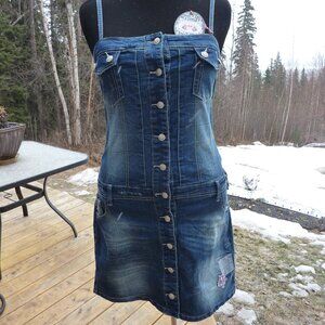 QUIRKY JOE BROWN GOTH PRAIRIE BUTTON FRONT MINI JEANS DRESS GYPSY BOHO 14 16
